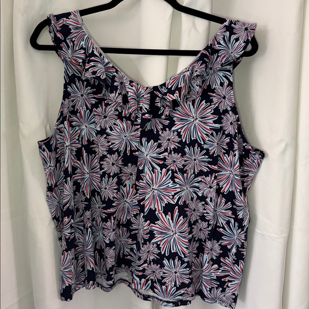 Crown & Ivy sleeveless ruffled neckline top in a navy blue firework print 3XL